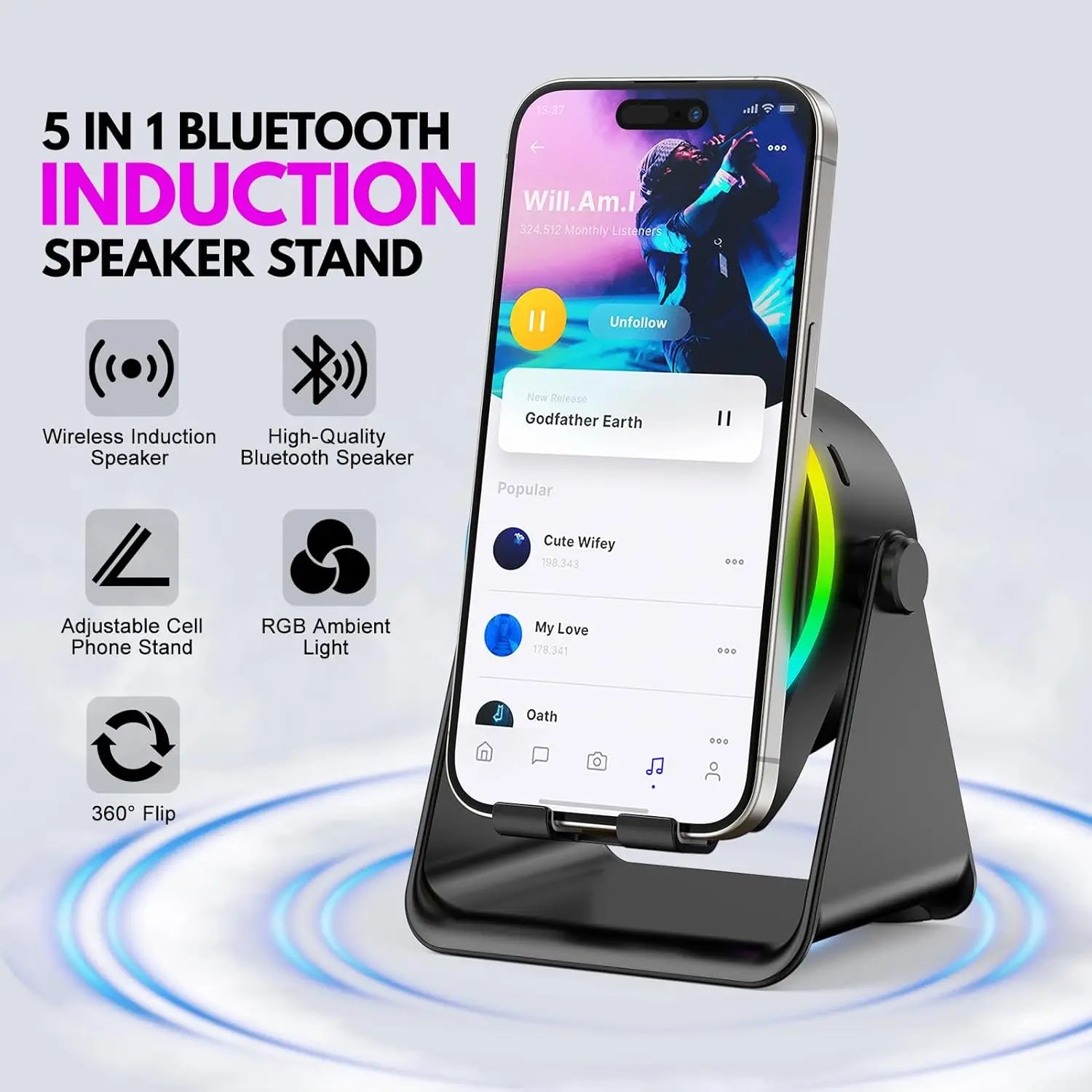 Experience 360° Sound with the 2026 New Wireless Induction Bluetooth Speaker – 5-in-1 Music Player with 8 RGB Lights and Portable HIFI Bass!