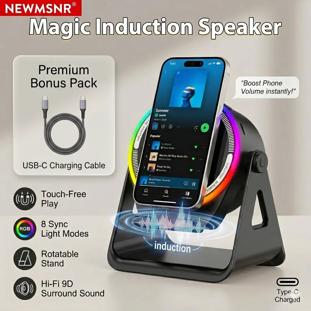 Experience 360° Sound with the 2026 New Wireless Induction Bluetooth Speaker – 5-in-1 Music Player with 8 RGB Lights and Portable HIFI Bass!
